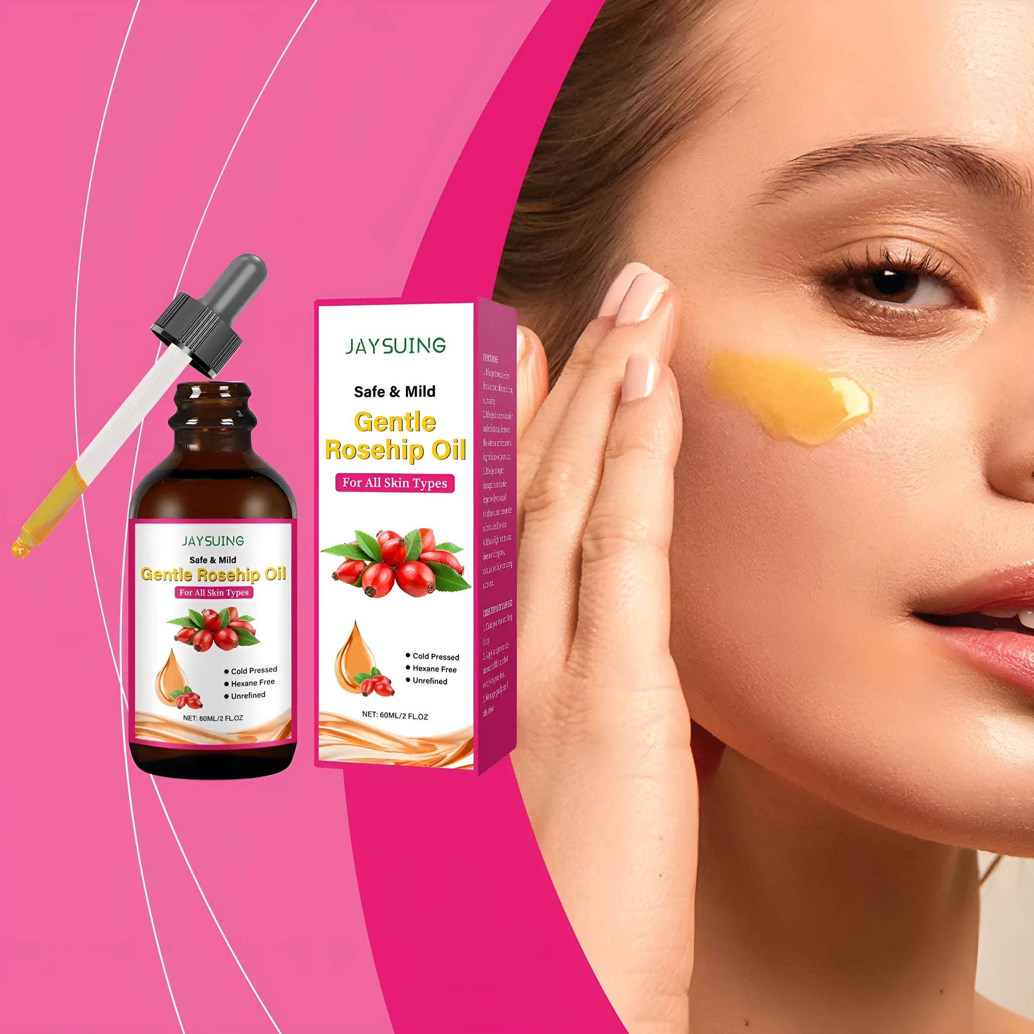 60ml bottle of rose fruit seed facial oil with glycerol, rose hip oil and vitamin E