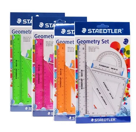 Four-piece plastic student ruler set with 15cm ruler, triangles and protractor in transparent and neon colours