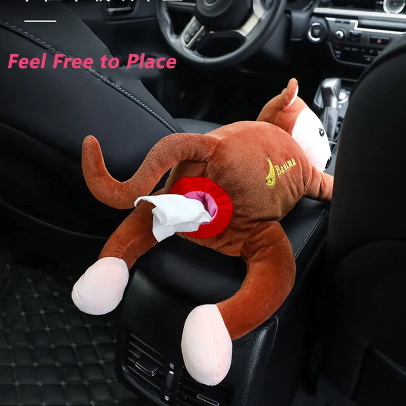 Pipi monkey hanging tissue box in bean paste brown with soft plush fabric and PP cotton filling, 52cm total length, wall-mounted