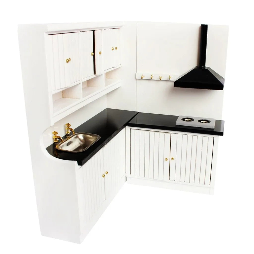 Two-piece white birch dollhouse kitchen cabinet set with working doors and metal handles, including sink and stove cabinets