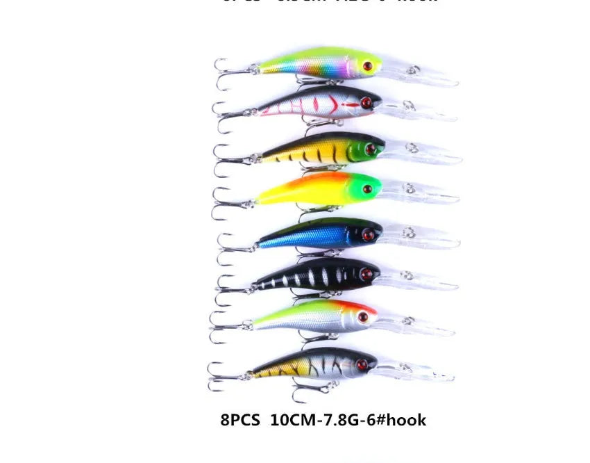 43-piece portable plastic fishing bait set with green, blue black, and red head lures in various sizes