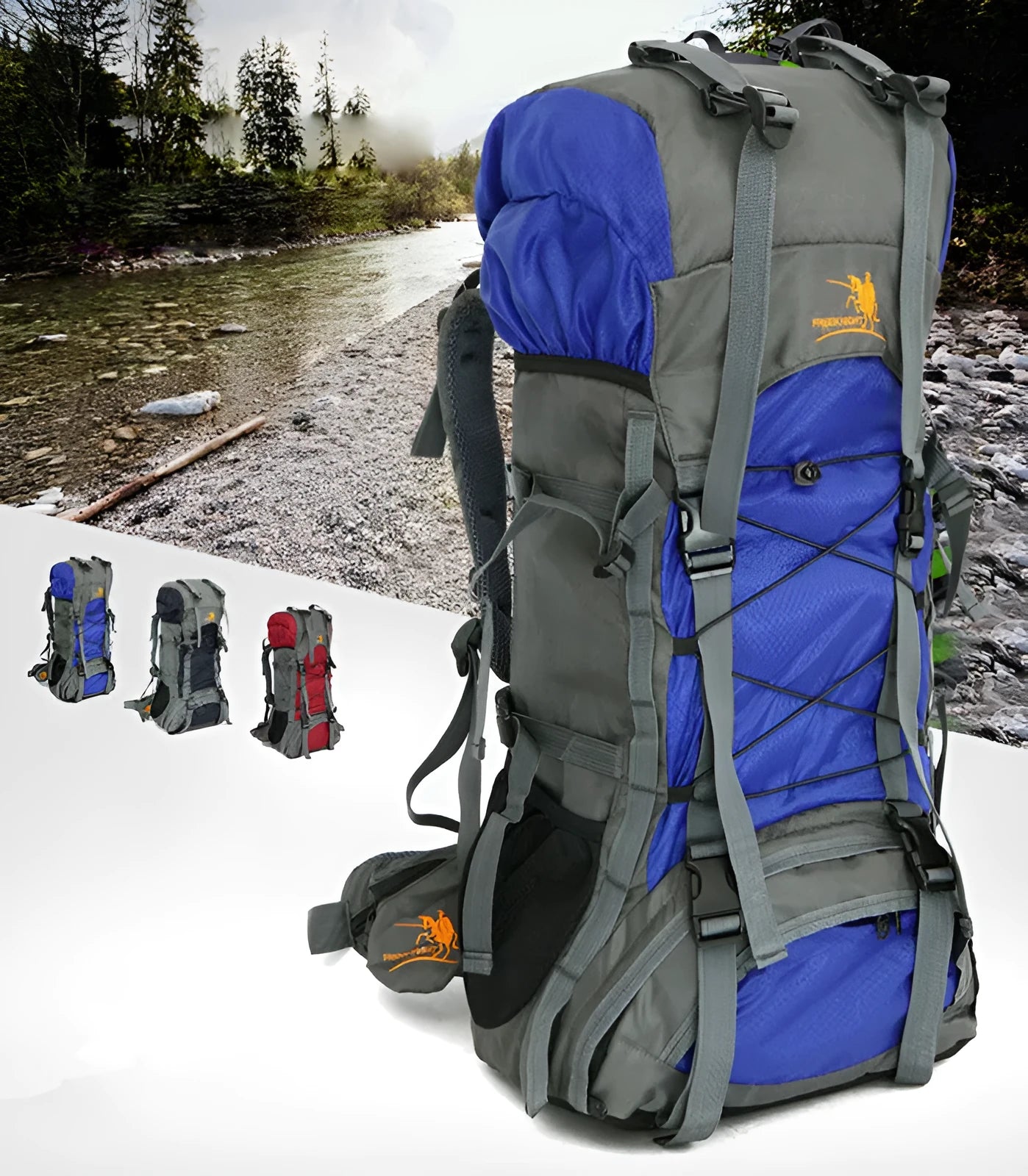 Extra large 60L nylon water resistant outdoor travel backpack with external stores system and adjustable shoulder strap