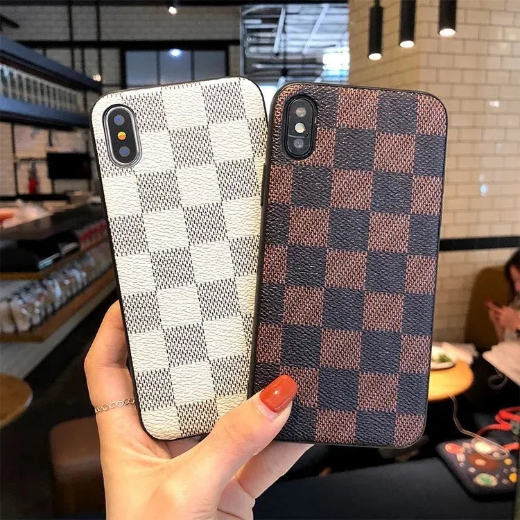 Blue PC leather check phone case with lattice and floral laminated pattern for Apple iPhone