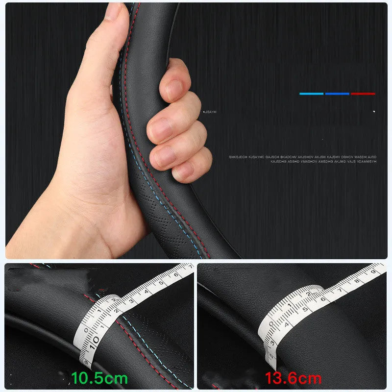 Black Napa leather texture car steering wheel cover with two-colour line stitching, shown with a 38cm diameter.
