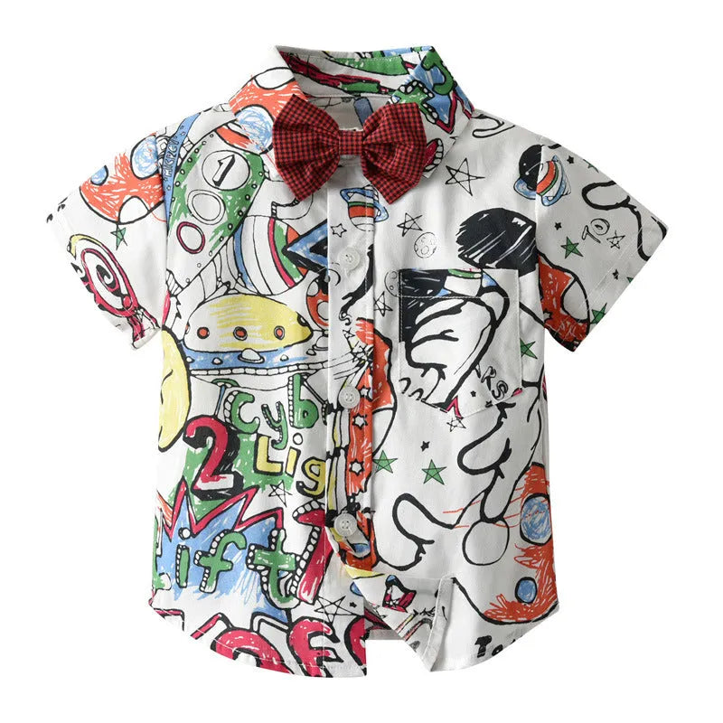 White infant cartoon trouser suit set with shorts, romper and shirt options, European style for 1-3 year olds