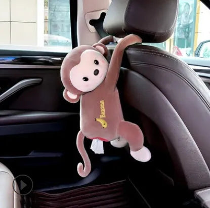 Pipi monkey hanging tissue box in bean paste brown with soft plush fabric and PP cotton filling, 52cm total length, wall-mounted