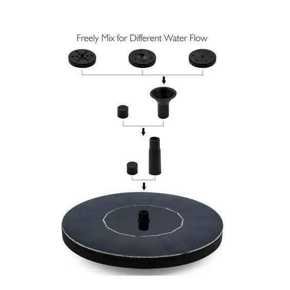 Black solar-powered floating water fountain with spray nozzles for garden bird baths and ponds