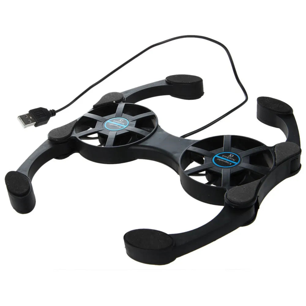Portable folding black laptop cooling pad with two 70mm fans and USB cable on a desk