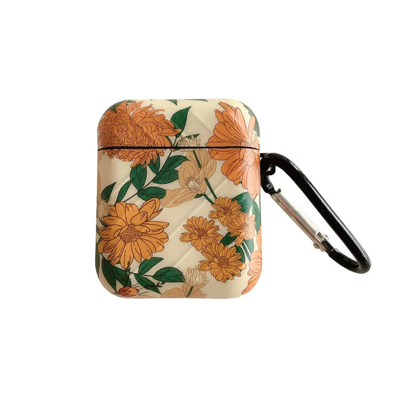 Light yellow hard plastic AirPods case cover with daisy design on white background