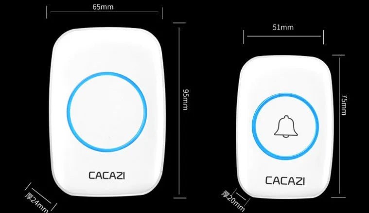 Wireless doorbell system with receiver unit and battery-operated transmitter showing colour options in black, white, gold, and silver finishes