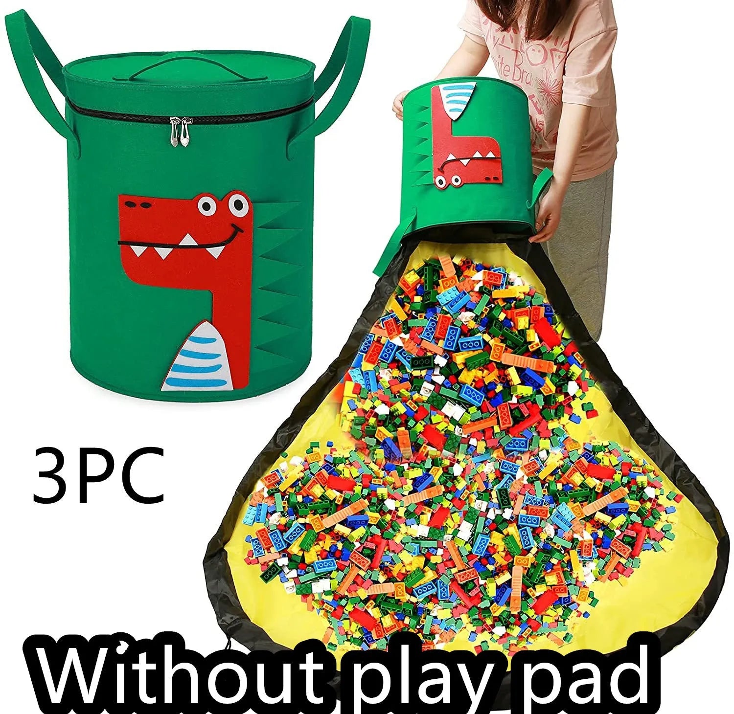 Green felt cube storage bag with pull rope, laid flat as a play mat for toys.