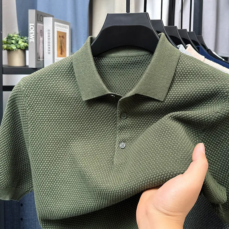 Men's loose fit short sleeve cotton pullover sweater in grey, showing relaxed casual style