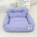 Grey and blue plaid cloth dog car travel nest carriers in two sizes for pet outings.