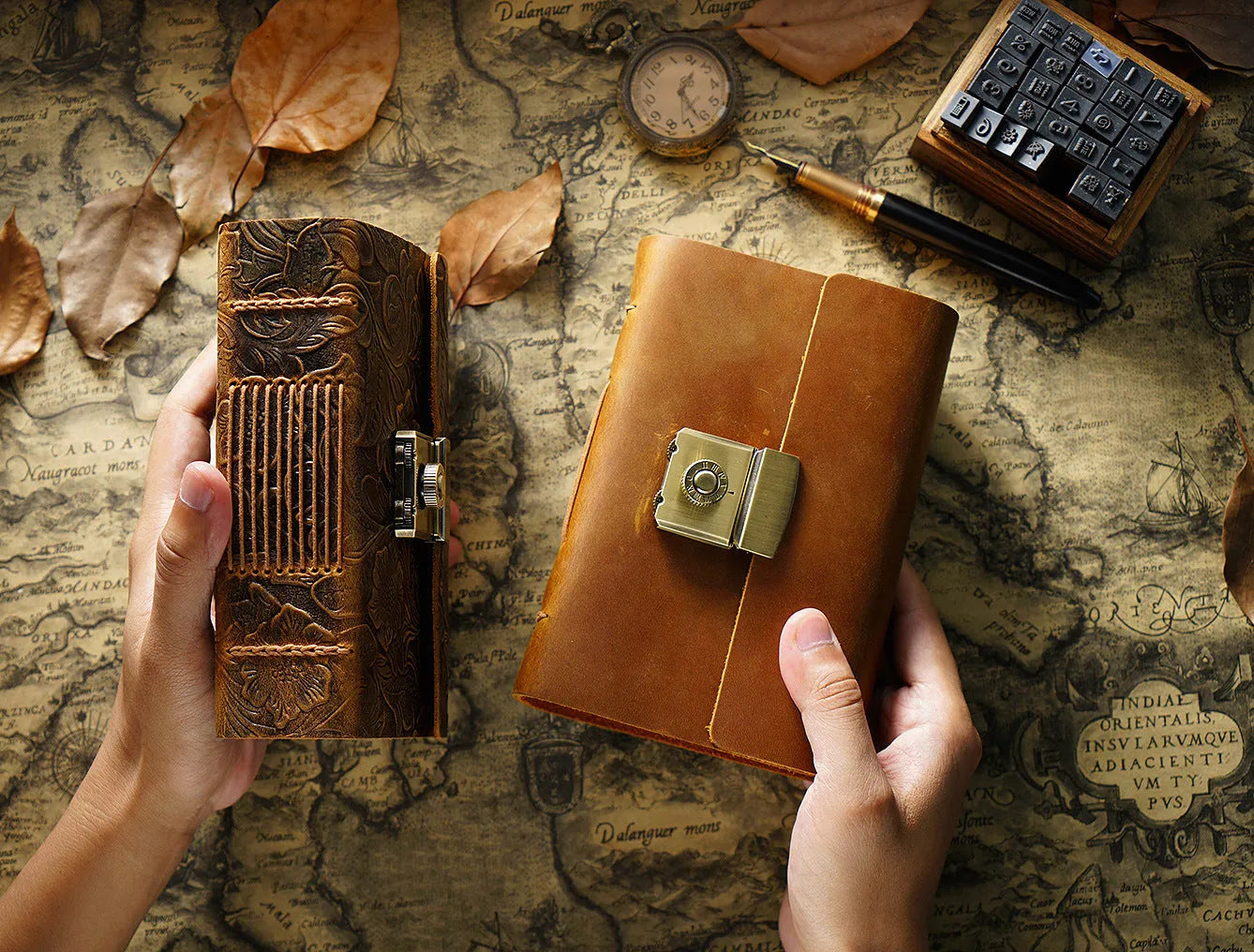 Vintage cowhide leather journal open on blank brown paper pages, A5 size, Crazy Horse brown colour with distressed finish