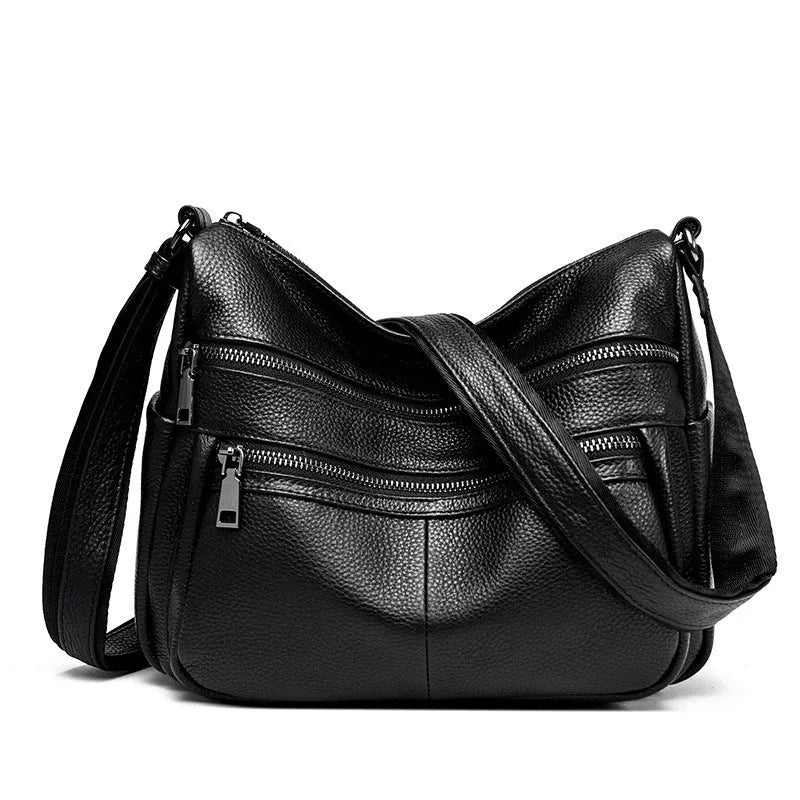 Genuine leather messenger bag soft pillow shape single strap first layer cowhide black large
