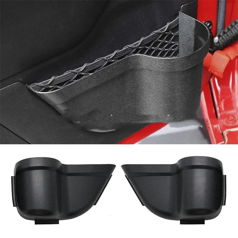Black ABS plastic door storage box with net pocket for Jeep Wrangler JK and JL models
