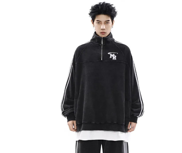 Black men's Hong Kong style hoodie with a stand collar and long sleeves on a mannequin