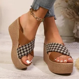 Cross leopard plaid wedge sandals with rubber sticky sole in black and brown plaid patterns