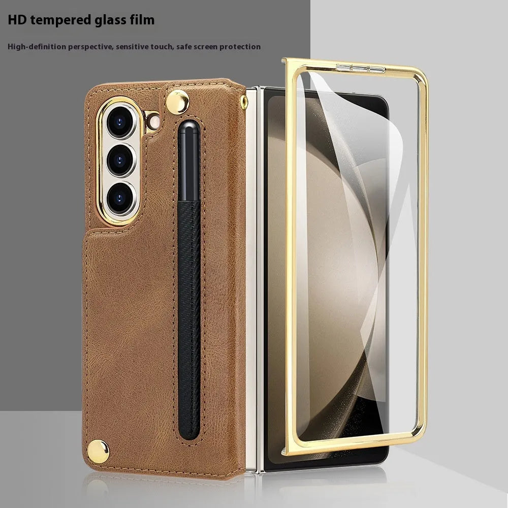 Samsung Z Fold 5 phone case with bracket pen slot card slots black PU electroplated finish