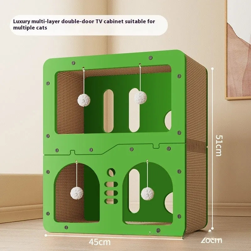 Double layer cat scratching board with integrated nest in owl and cat head design styles
