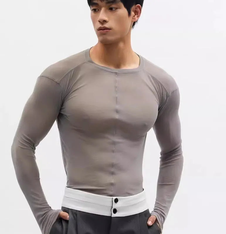 Black mesh see-through slim-fit pullover with long sleeves and a round collar.