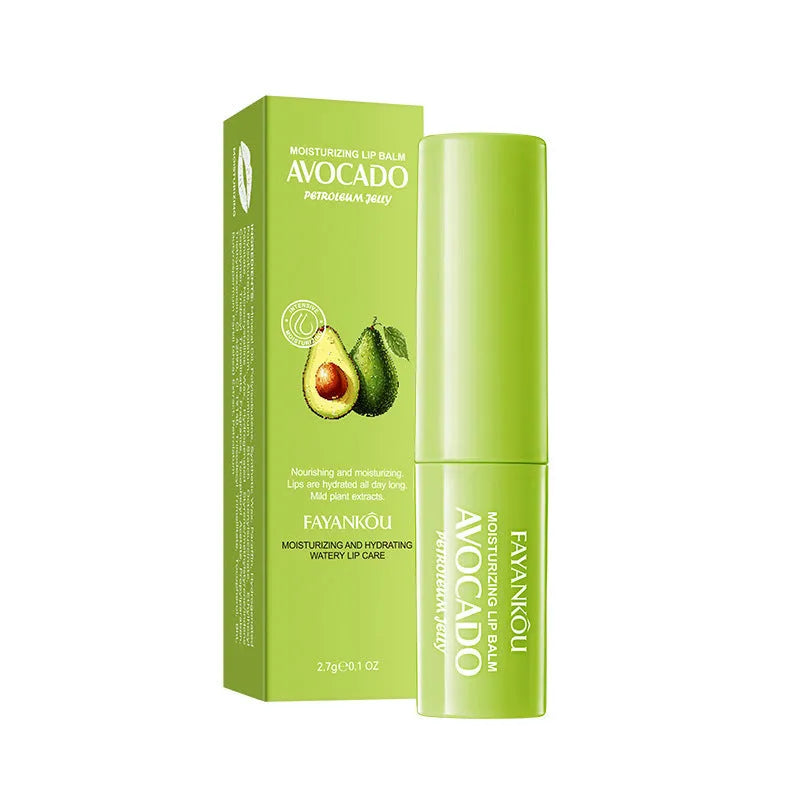Anti-chapped moisturising lipstick stick in packaging, shown with variants like avocado and cherry blossom.