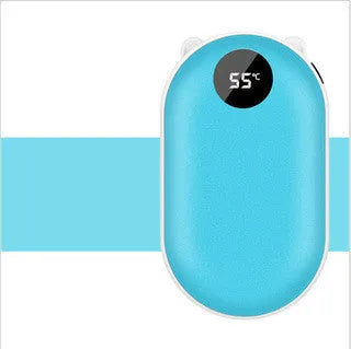 Compact rose gold USB rechargeable hand warmer and power bank with digital display, shown next to its charging cable.