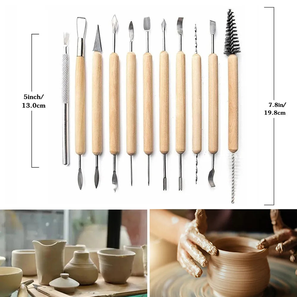 11-piece clay tools set with wooden handles and stainless steel ends arranged on a surface, blue bag option visible