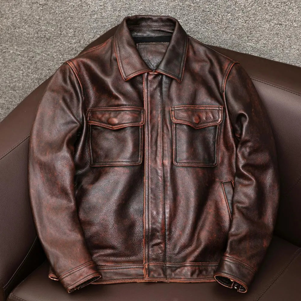 Men's black retro-style lapel short PU leather jacket with side pockets on a mannequin.