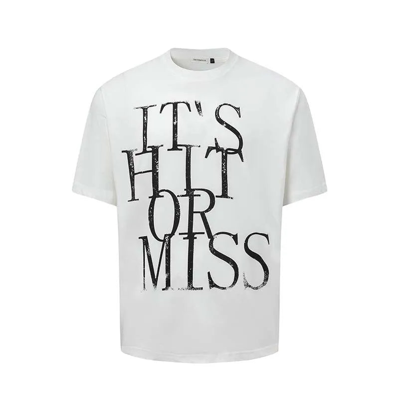Men's blue American Retro style T-shirt with white letter print design