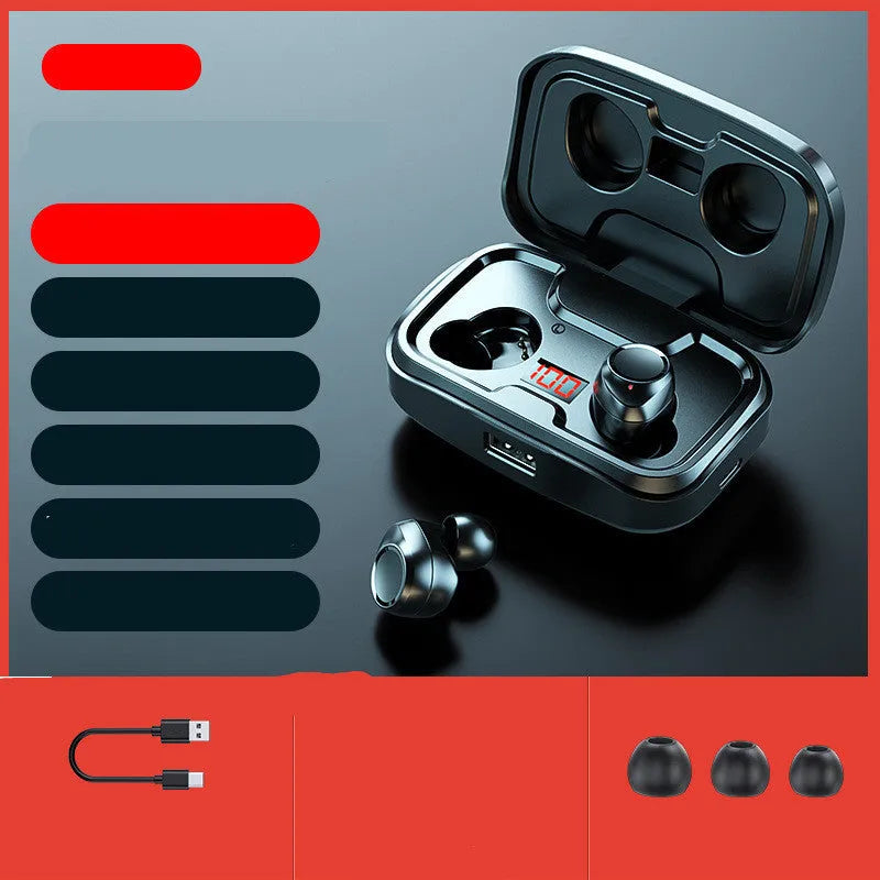 Black wireless Bluetooth in-ear earphones with private mould design on a white background.