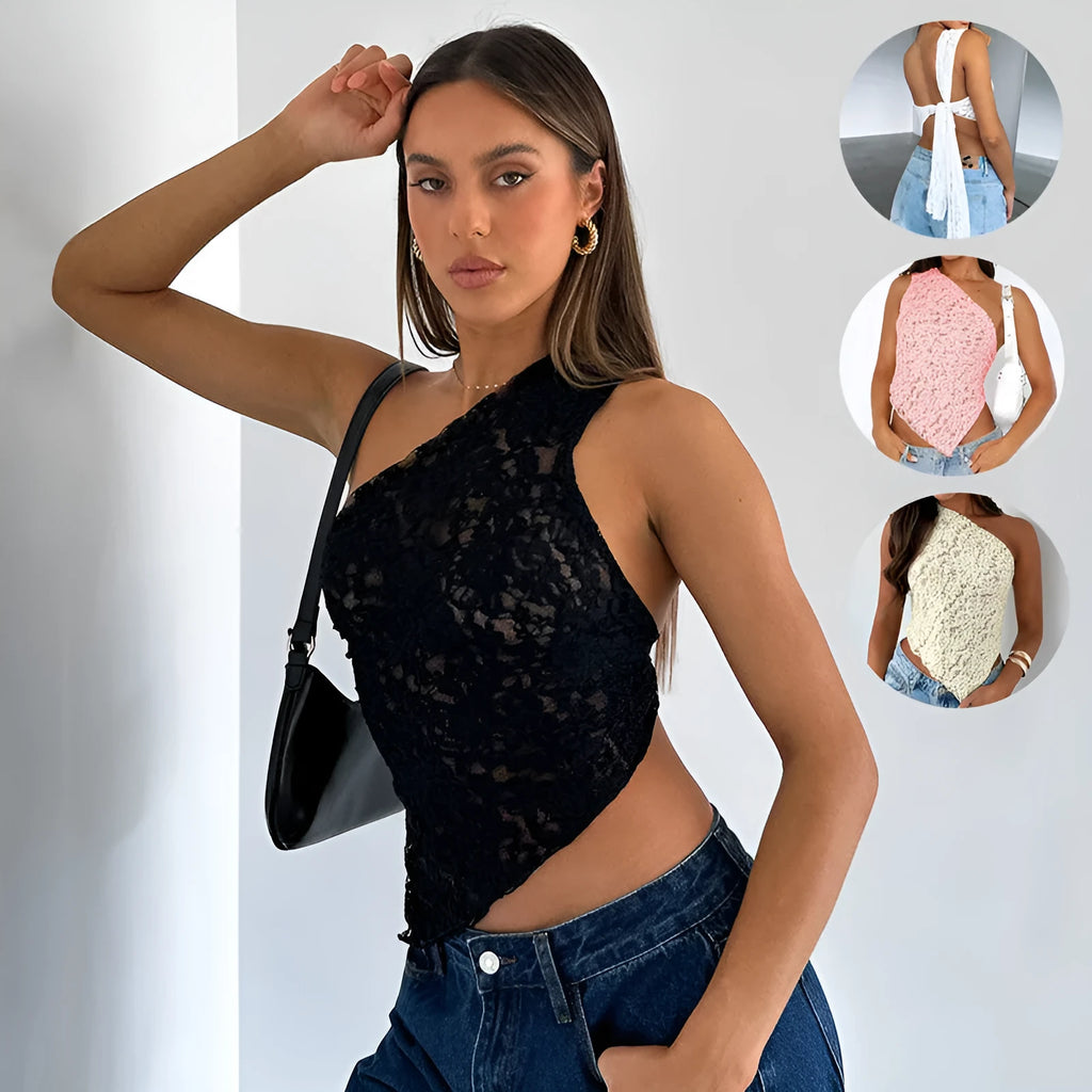 Women's lace backless sleeveless polyester vest top with asymmetrical neckline in solid colour