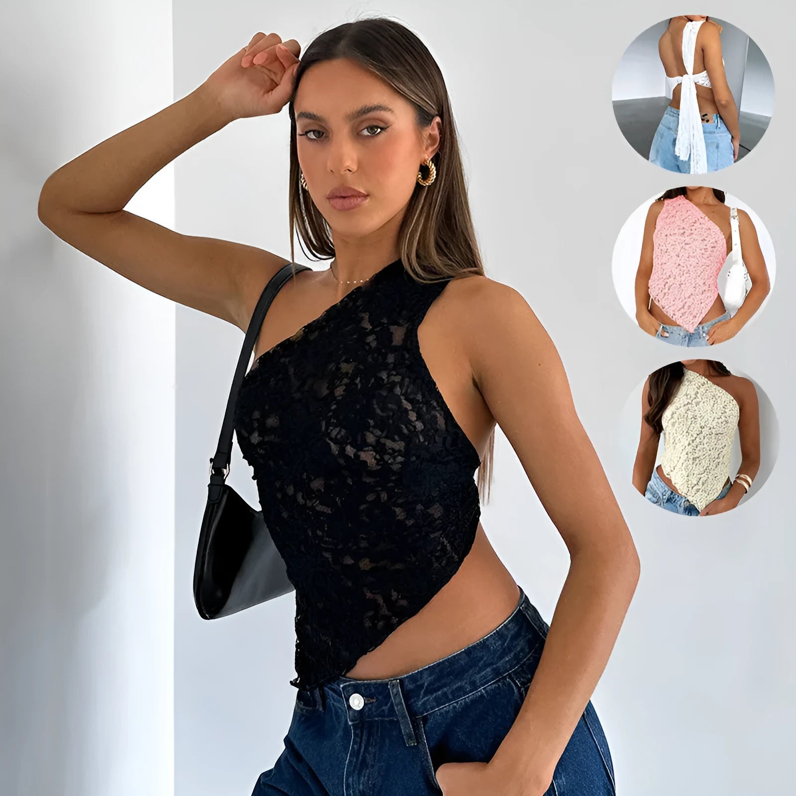 Women's lace backless sleeveless polyester vest top with asymmetrical neckline in solid colour