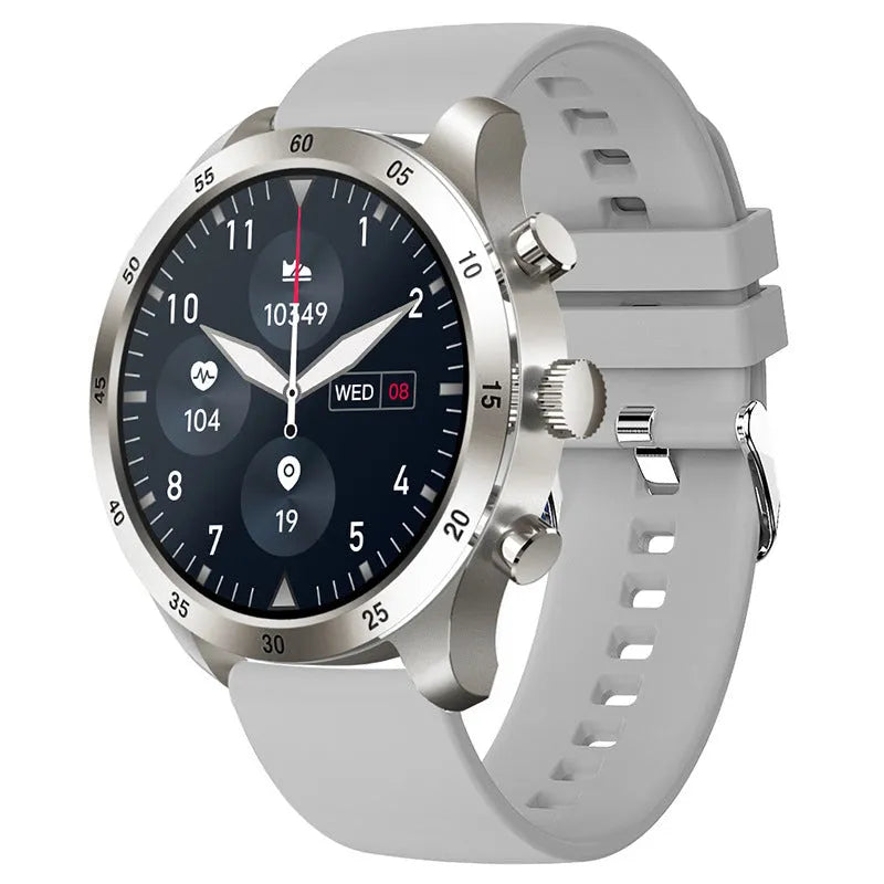 Black smart watch with steel bracelet showing heart rate monitoring and call display on screen.