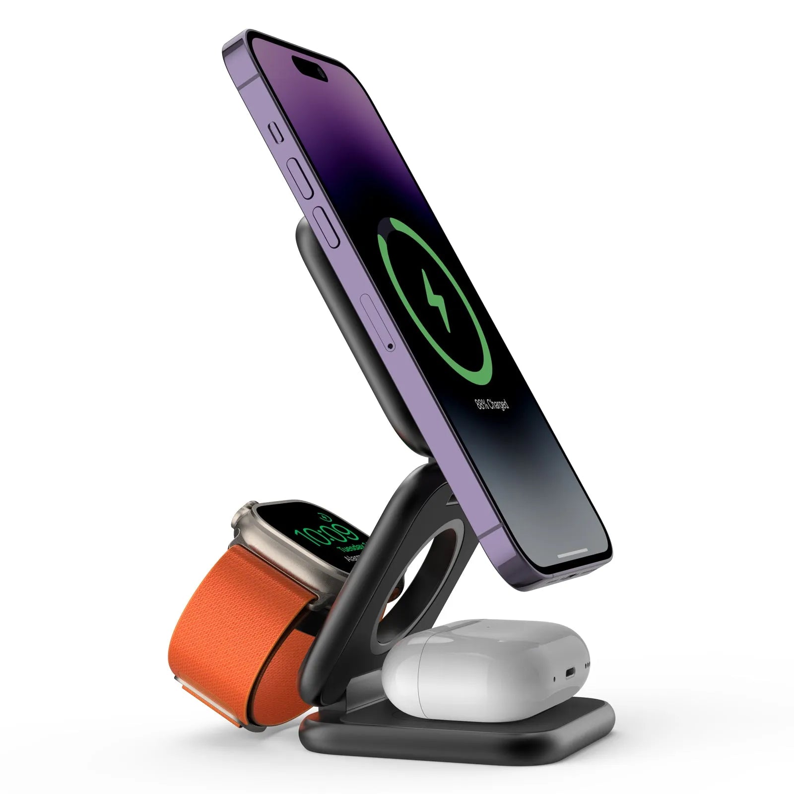 Three-in-one folding magnetic wireless charger for mobile watch headset in black aluminium alloy finish