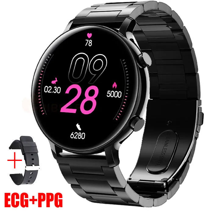 Silver stainless steel smartwatch with black screen showing heart rate data on a genuine leather strap.