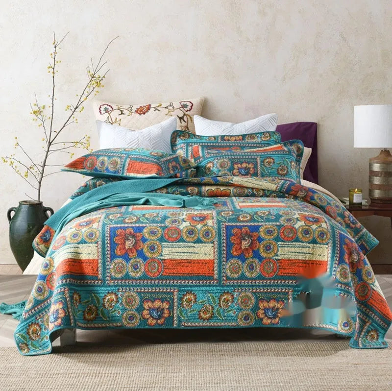 Pure cotton bedspread three-piece set with geometric printed pattern for 1.8 metre beds