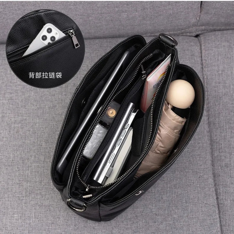 Women's genuine leather crossbody handbag in pure cowhide with plaid pattern, simple urban style, horizontal square shape