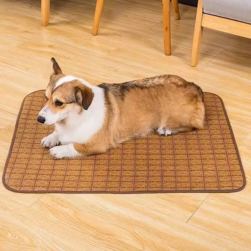 Brown rattan fibre dog cooling mat shown in a large size for summer use.