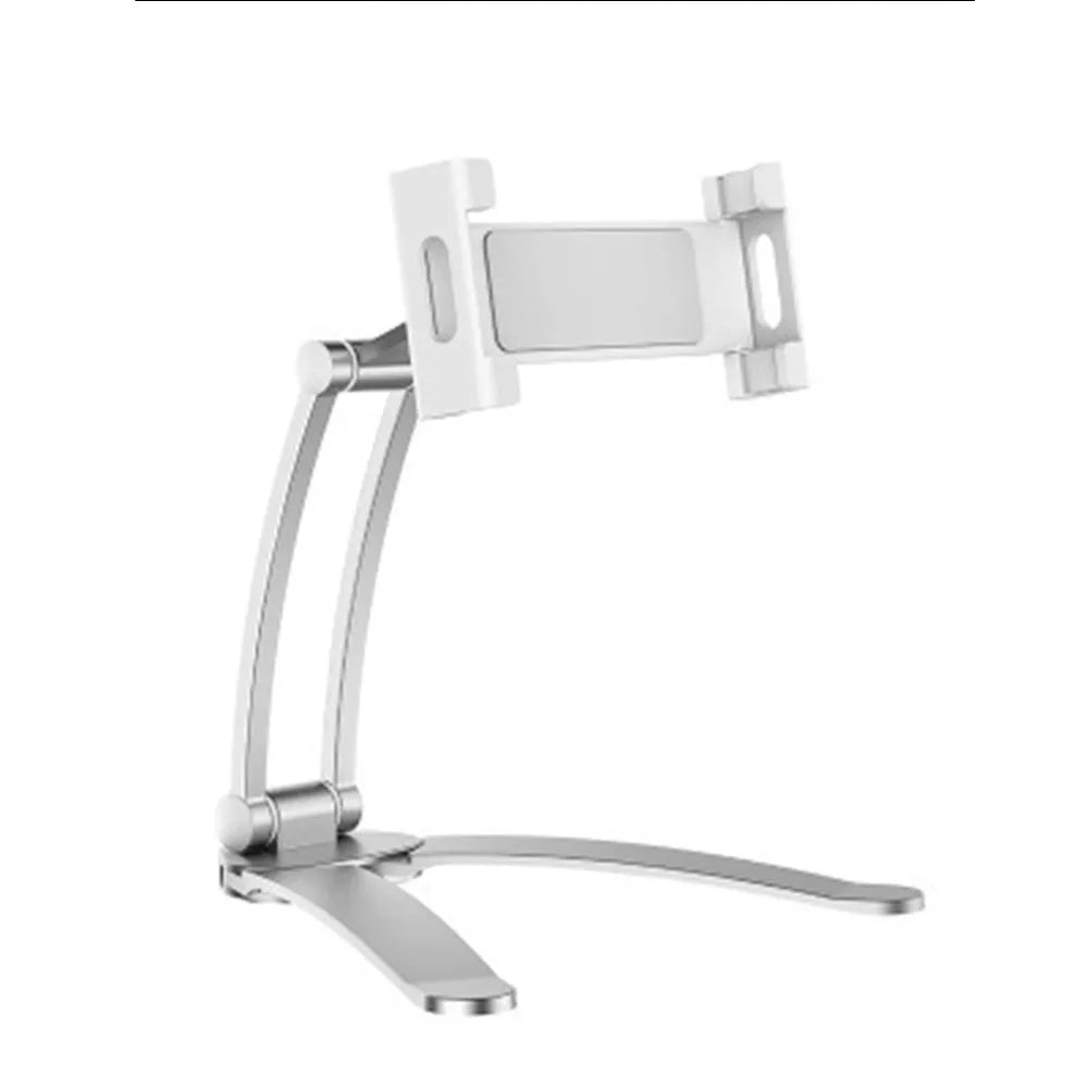 Silver aluminium desktop tablet stand with adjustable angle and folding clamp holding a tablet.