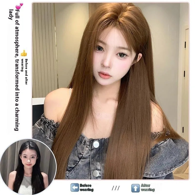 Warm brown long straight wig with centre-parted bangs and a white forehead lace front.