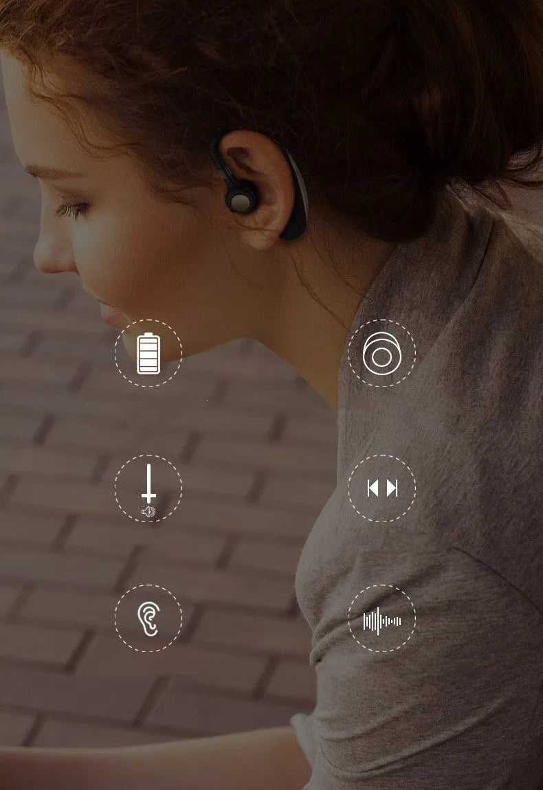 Wireless hanging ear business Bluetooth headset in black with charging port visible