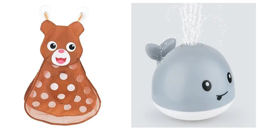 Automatic water-sensing whale bath toy with spray, lights, and music functions for baby bath time