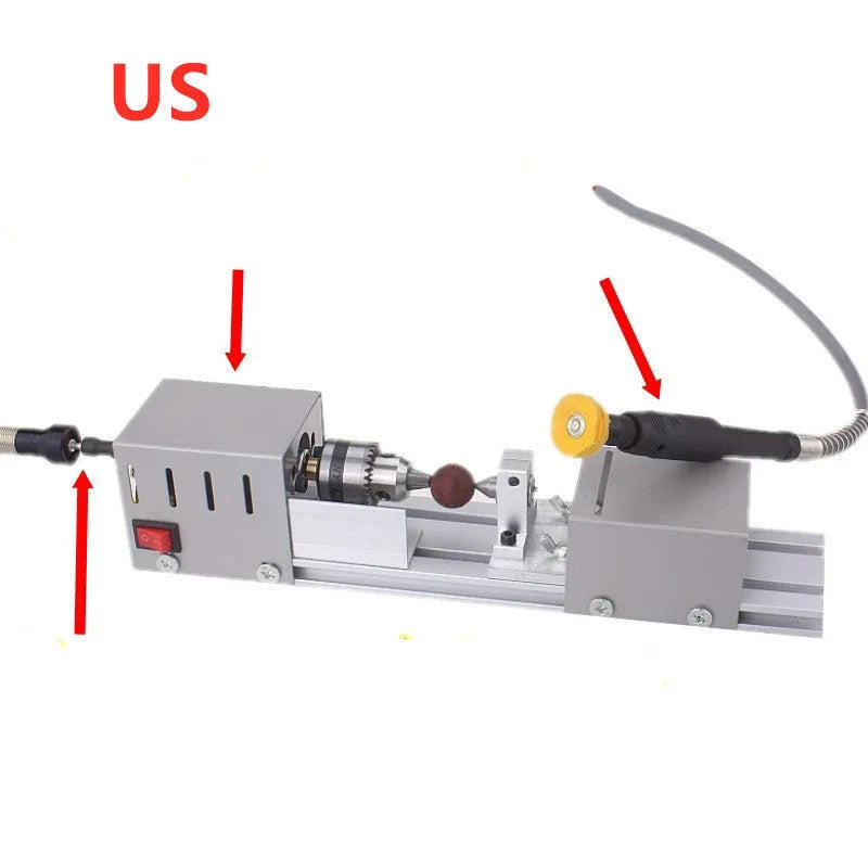Compact metal mini woodworking lathe with carving knives on workbench