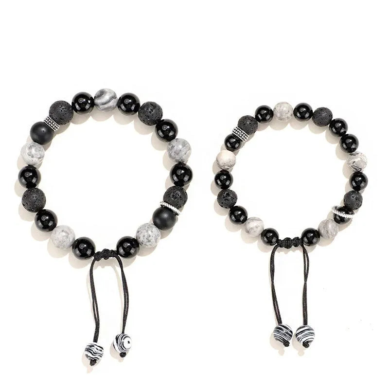 Black agate map stone volcanic bracelet with diamond-shaped stone in New Chinese style design
