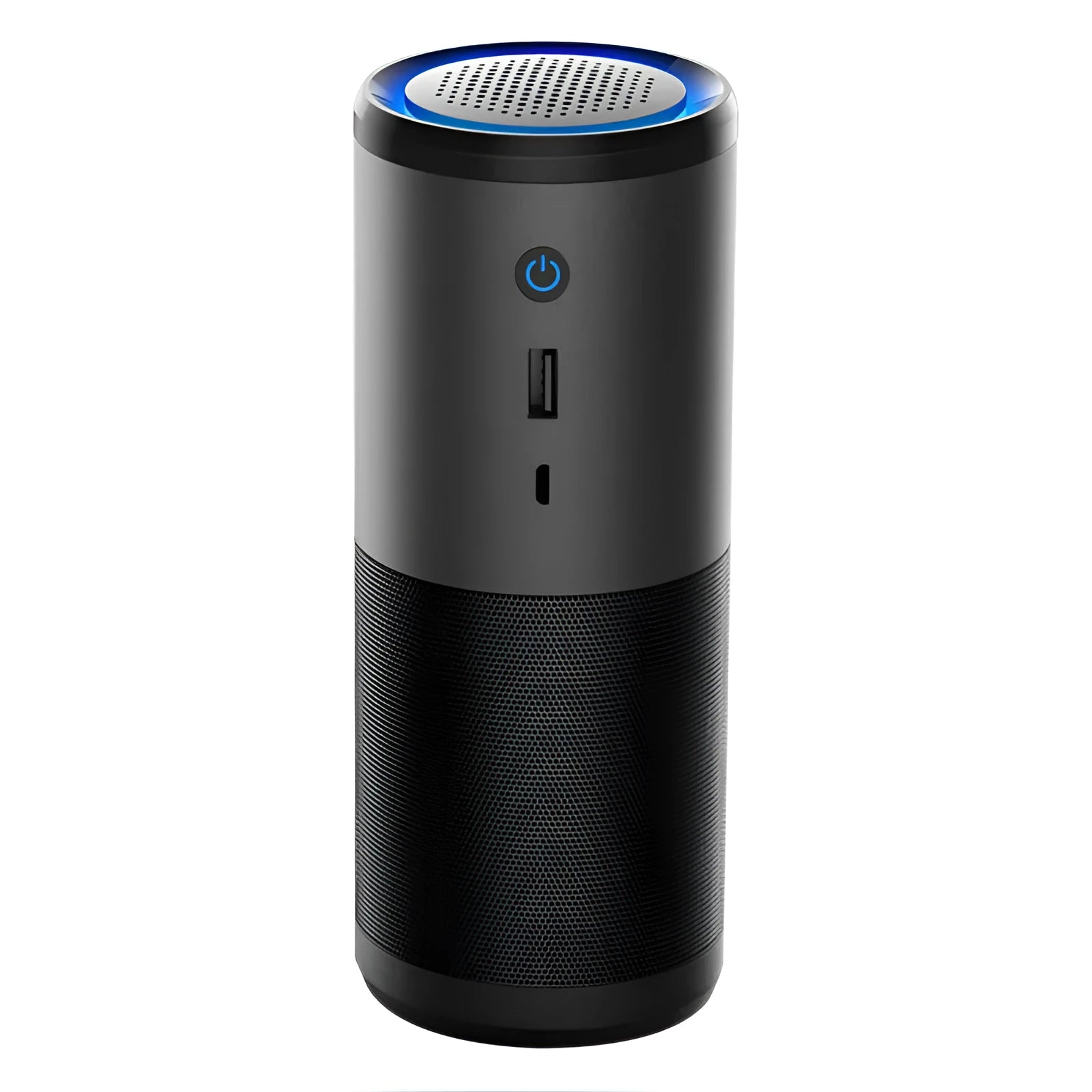 Black portable mini car air purifier with USB cable on a car dashboard