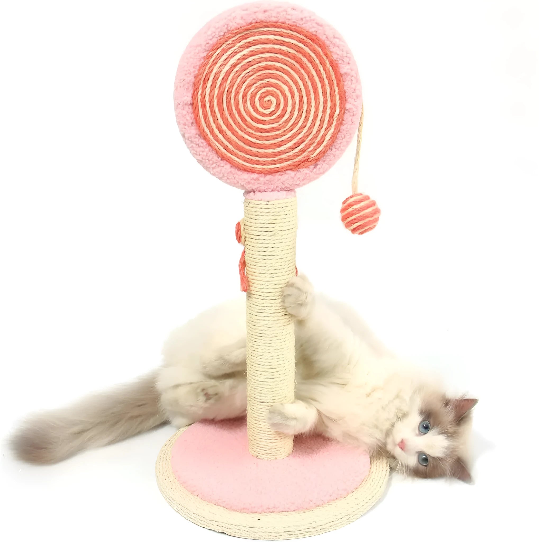 Blue cat scratching post with sisal rope and a hanging yellow ball on a sturdy base.