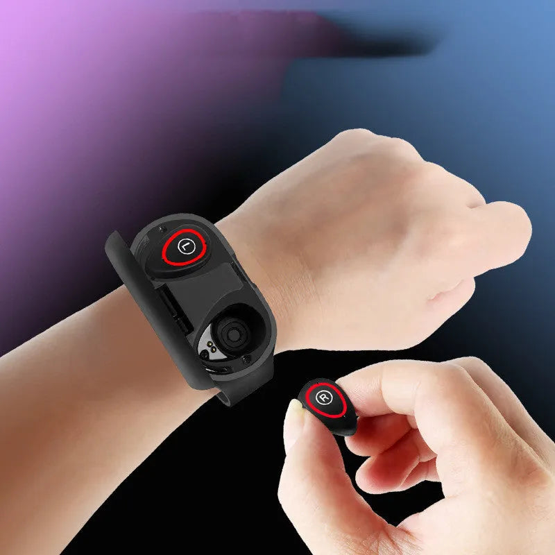 Smart bracelet and wireless earphone combo in silicone with touchscreen display showing fitness metrics
