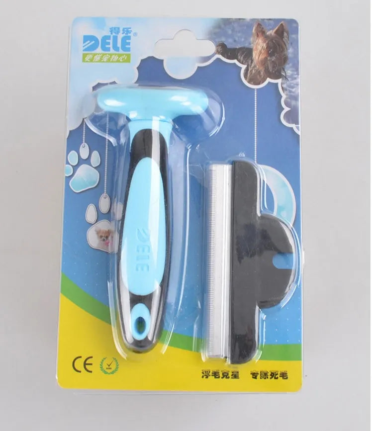 Pet hair removal comb for long straight hair pets in three sizes S M L and blue or pink colour options