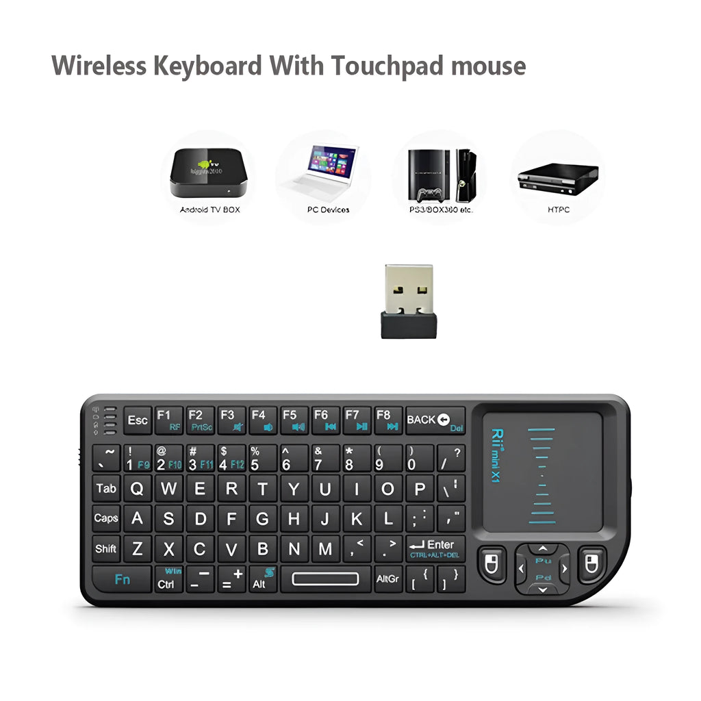 Black wireless mini keyboard with built-in trackpad and 2.4GHz receiver on a desk